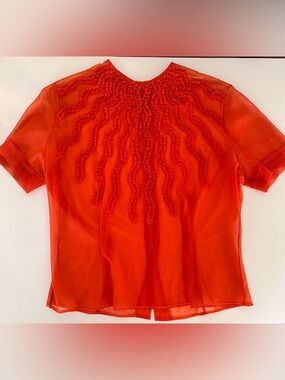 Sheer Orange Fabric Embellished Short Sleeve Top